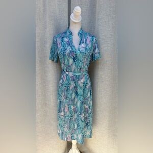 1970 Short sleeve purple blue pink midi  shift belted dress